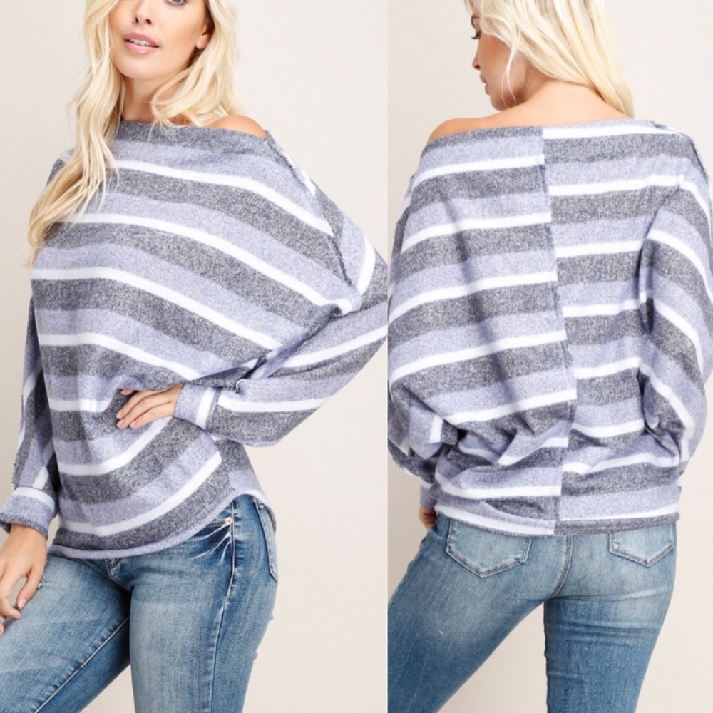 Brushed Boat Neck Dolman Sleeve Blue Stripe Top! - Picture 4 of 16